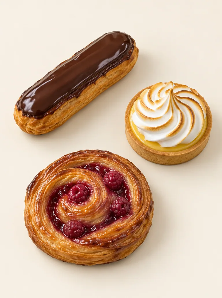 Même éclair, tarte citron et viennoiserie sur un fond ivoire.
