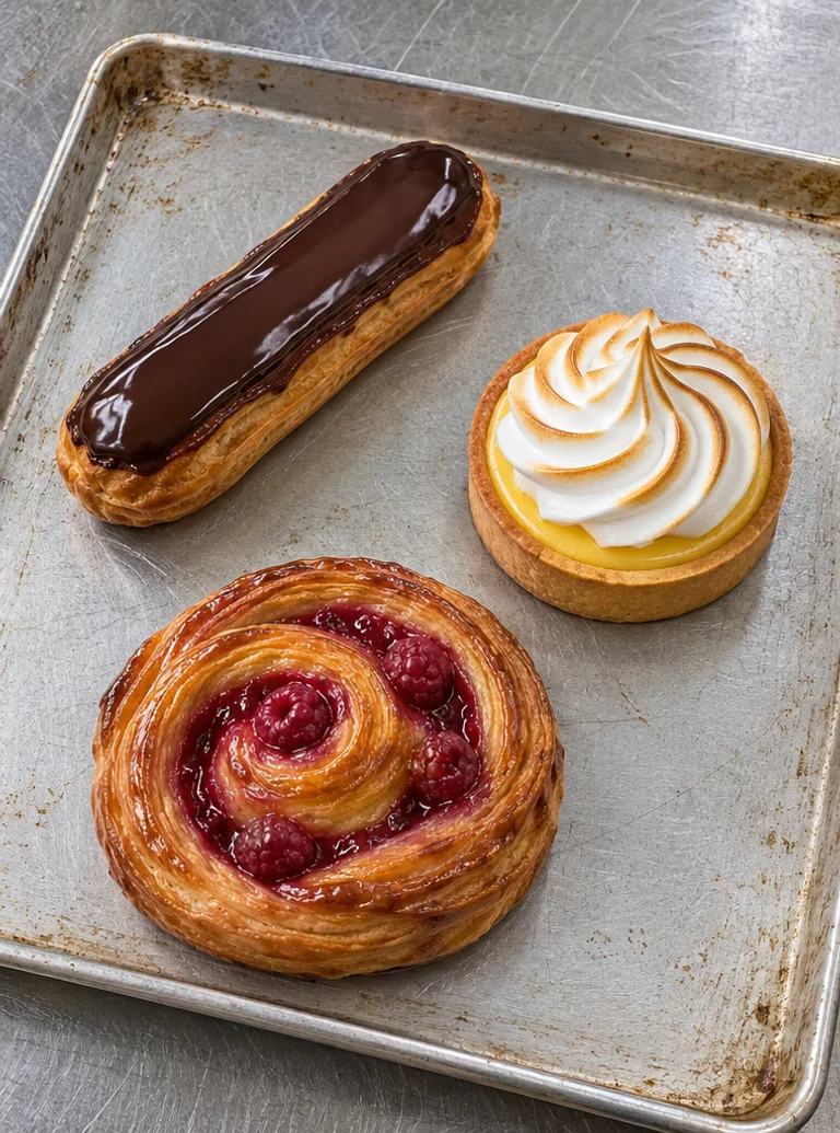 Trois pâtisseries sur une plaque de boulangerie.